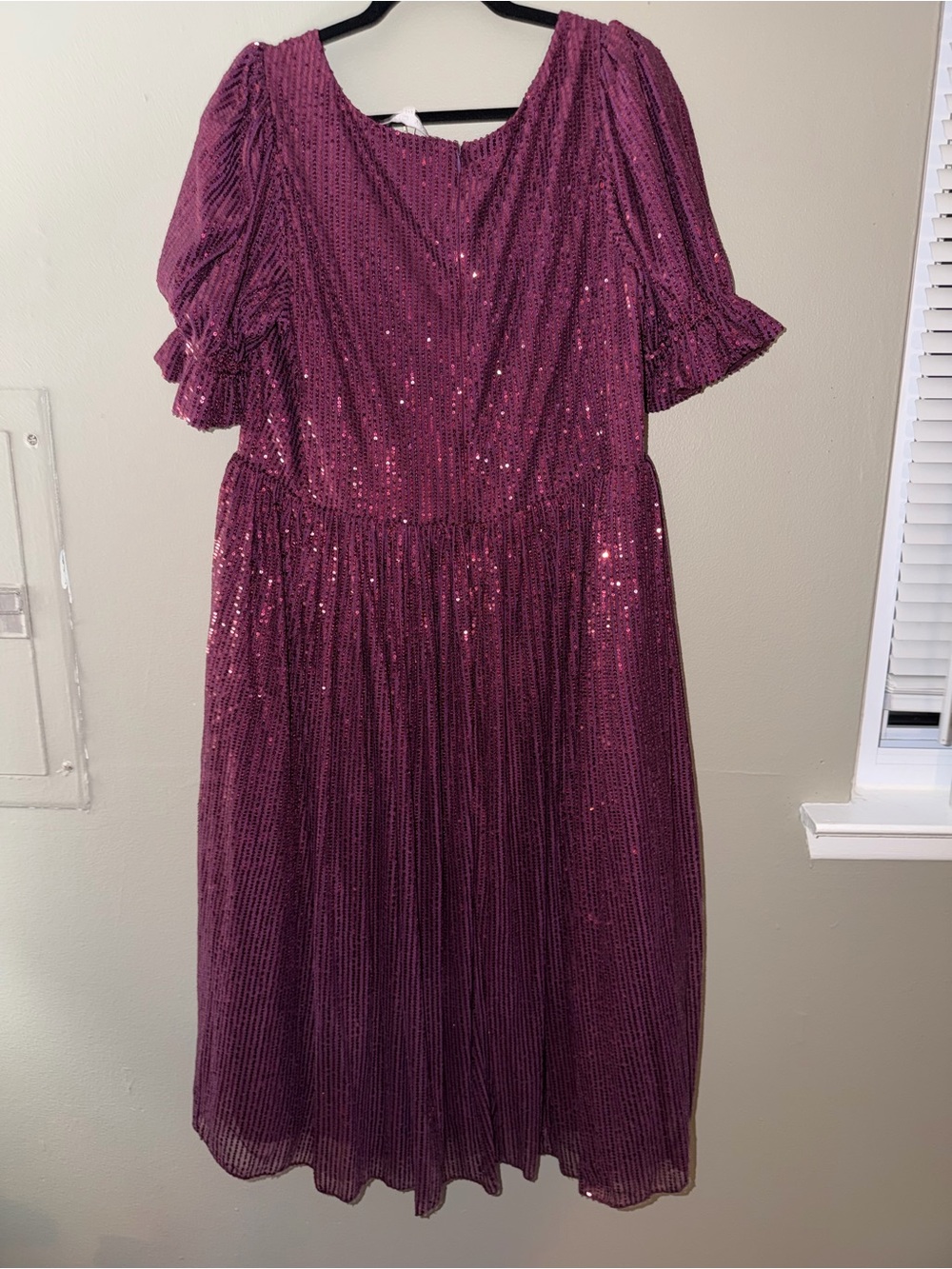 Ivy City Co Plum Sequin Midi Dress with Puff Sleeves - Picture 2 of 3